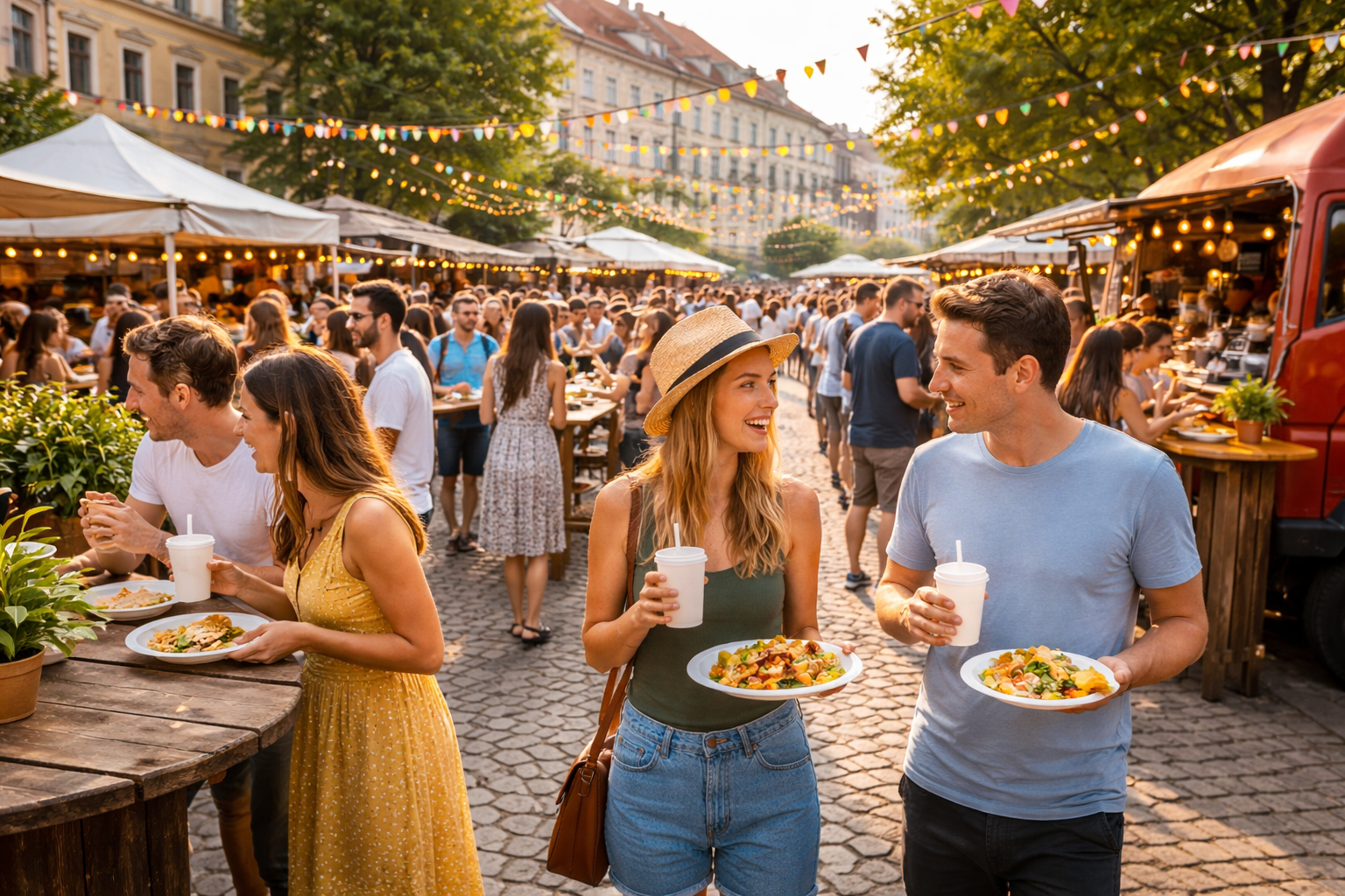 Street food festival with reusable dishware